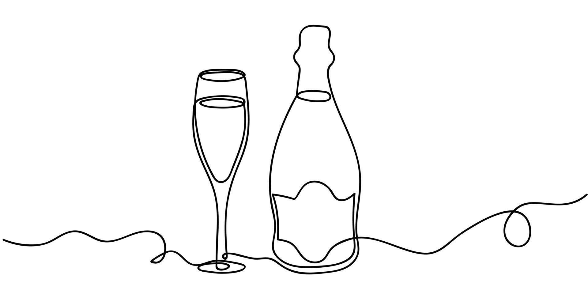 Minimalist line art of a champagne bottle and glass set on a table celebrating a special occasion vector