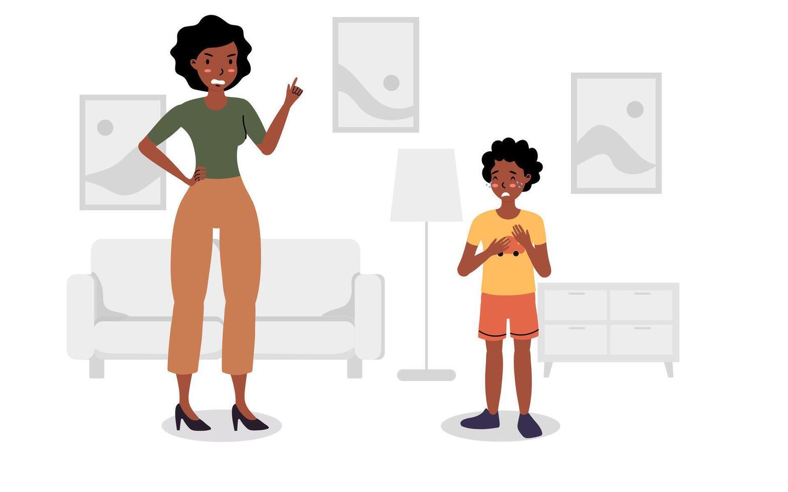Mother scolding her son in a modern living room setting during the afternoon vector