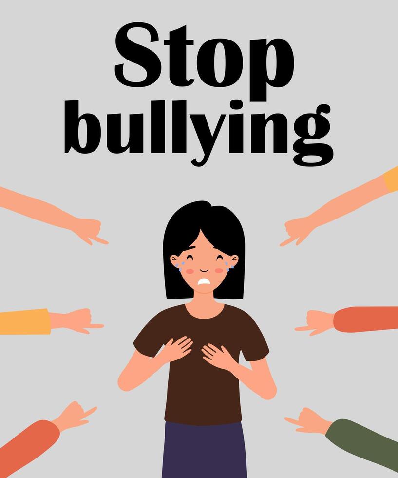 A girl surrounded by pointing hands advocating against bullying in a simple, effective manner vector