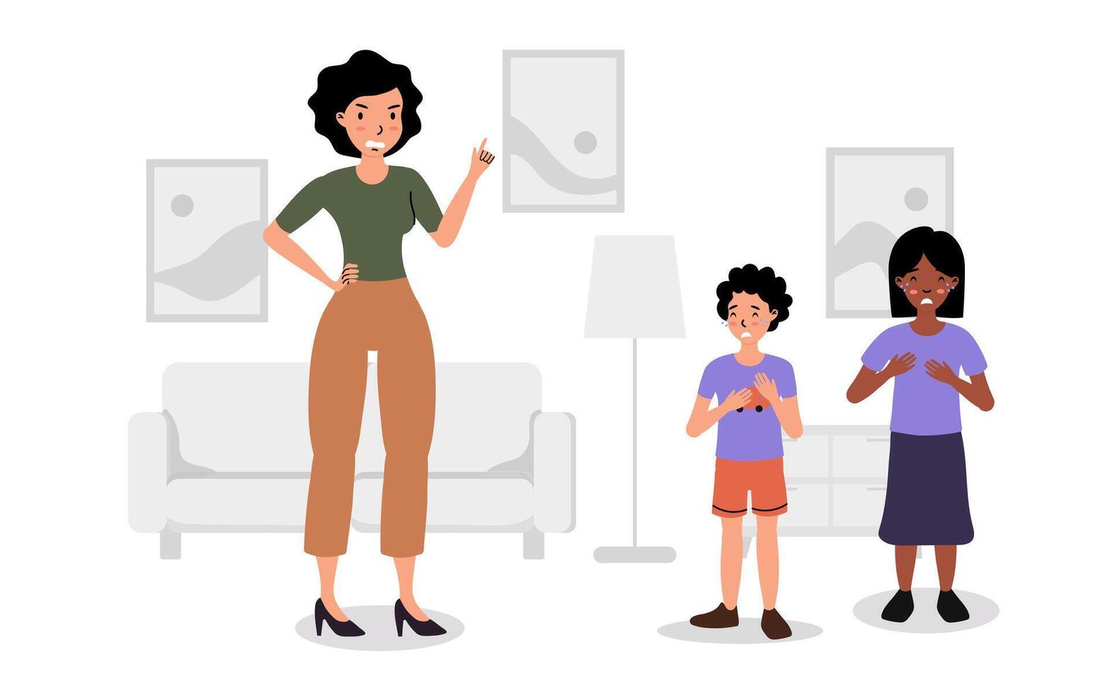 Mother discussing rules with her children in a cozy living room at home during the afternoon vector
