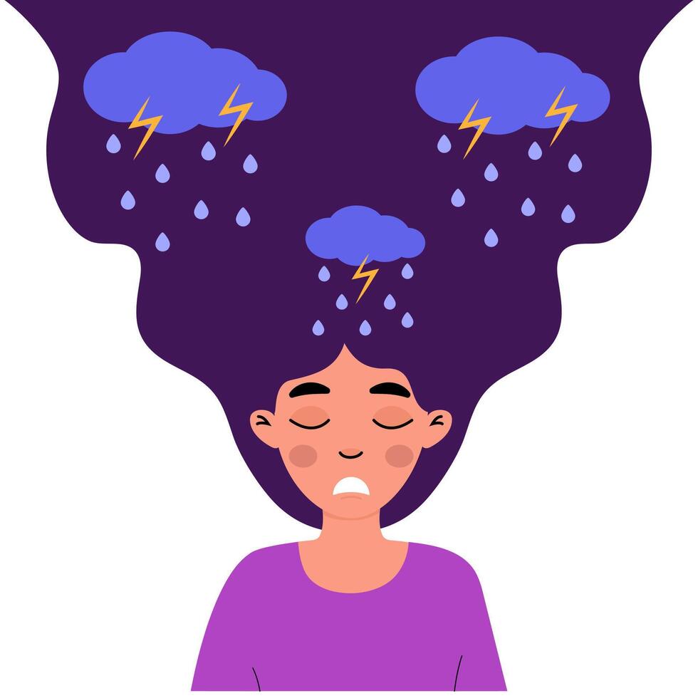 A young woman experiences emotions symbolized by stormy clouds in a digital illustration vector
