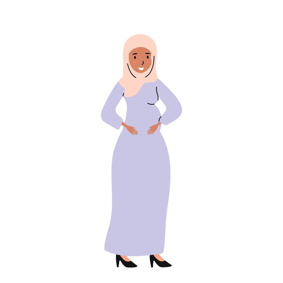 A woman in a flowing lavender dress and hijab stands confidently with hands on her waist vector