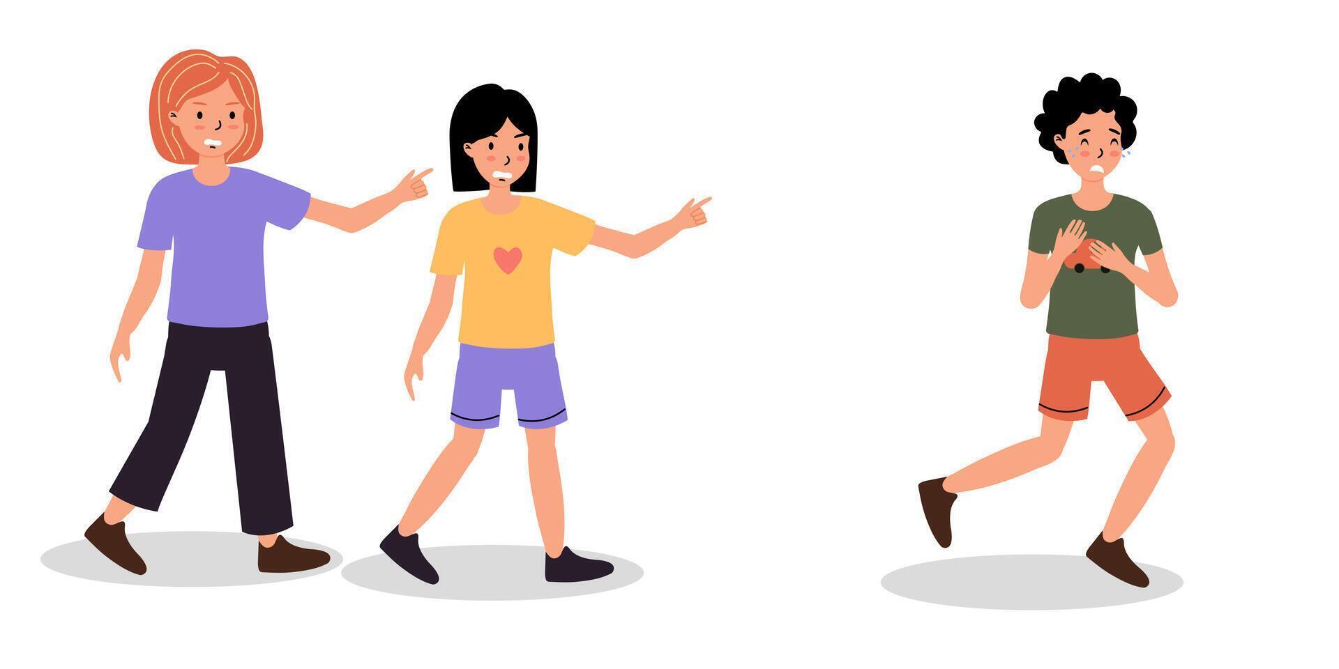 Children engaging in playful teasing while one runs away in a lighthearted outdoor setting vector