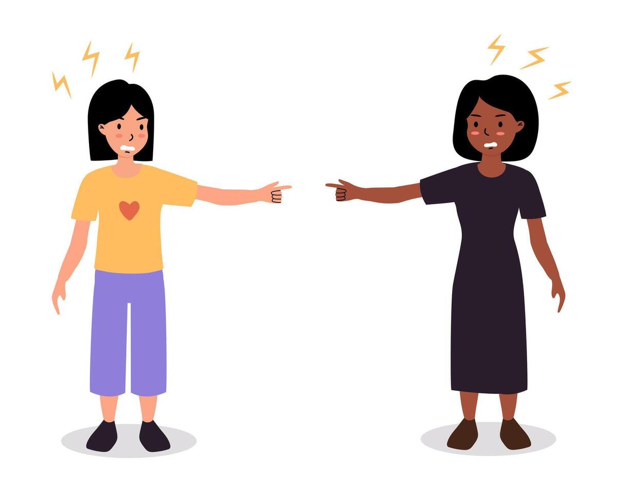 Two women expressing disagreement with pointed fingers in a minimalist style illustration vector