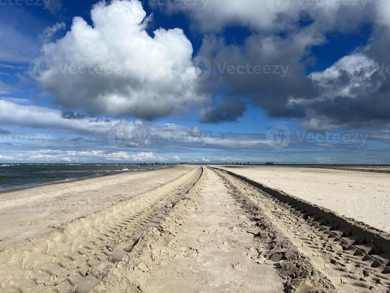 Sandormen tractor tire tracks on the sand on the cape Grenen beach in Skagen, Denmark photo