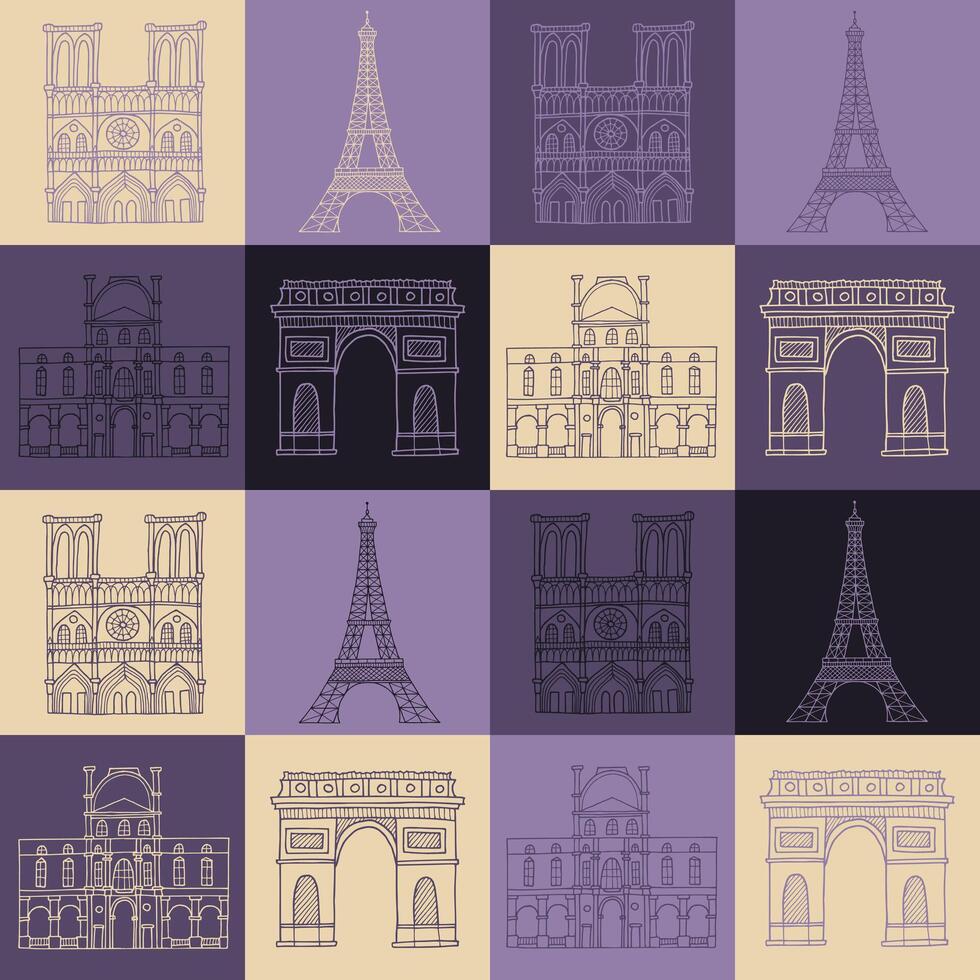 Pattern Paris geometric. Seamless abstract vintage background with architecture symbols of Paris city like Eiffel Tower and Notre Dame de Paris for print fabric or textile vector