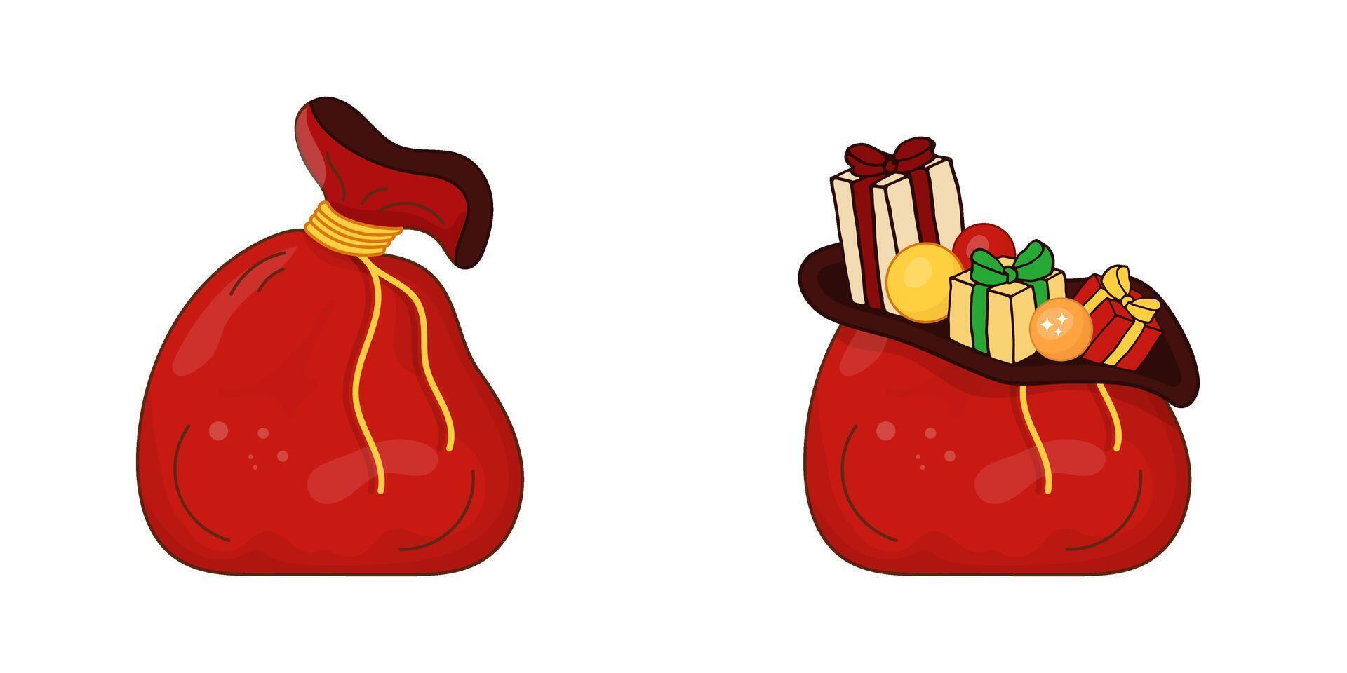 Red bag, sack with gifts illustration. New Year gifts in Santa Claus bag. Bag tied with rope and bag filled with gift boxes. Design element for cards, posters, banners New Year and Christmas. vector