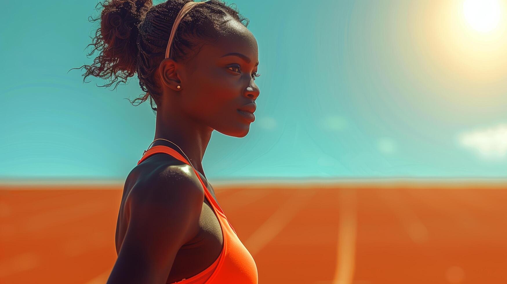 Portrait of a beautiful African female athlete runner before the start of a 100m race or training photo