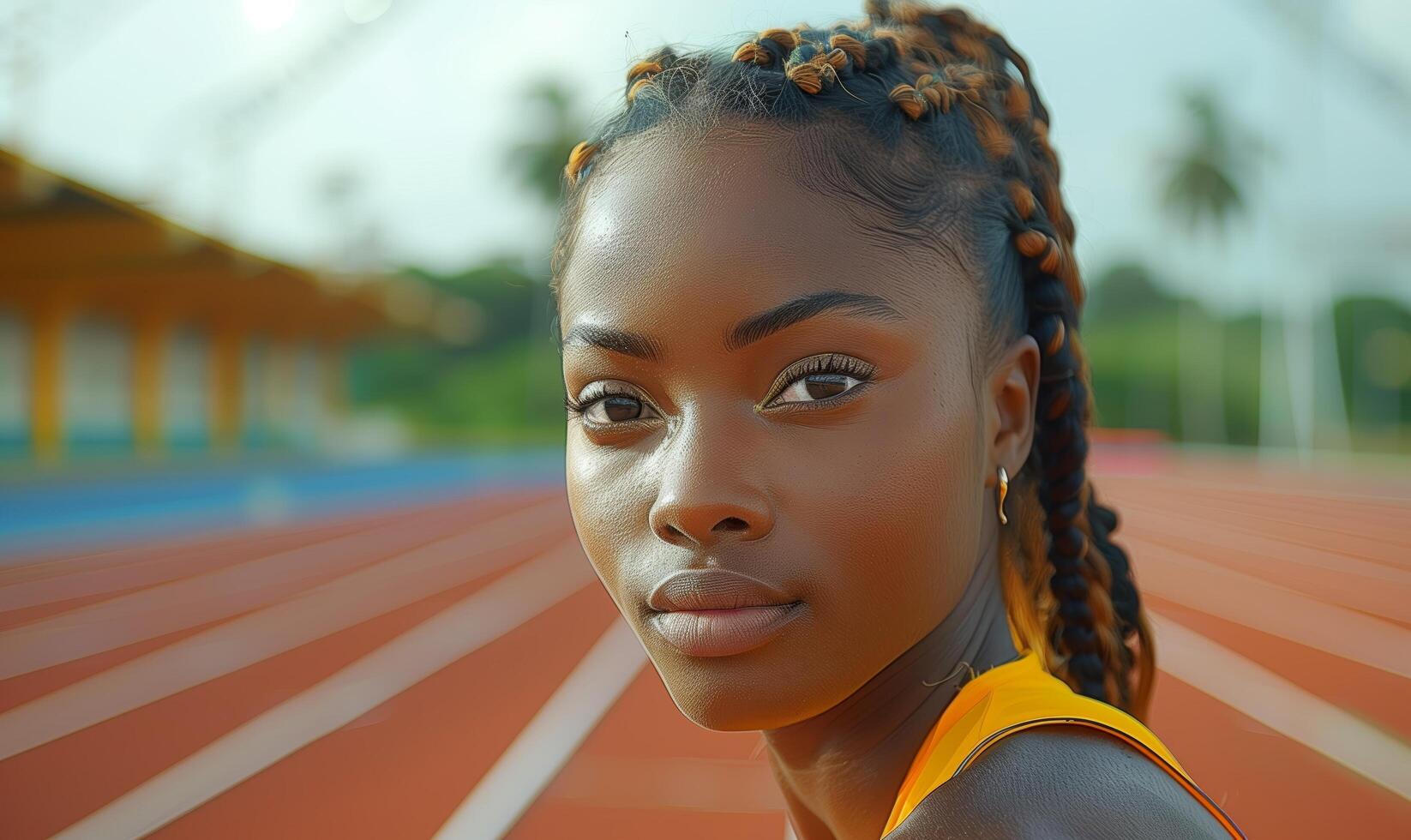 Portrait of a beautiful African female athlete runner before the start of race or training in a stadium photo