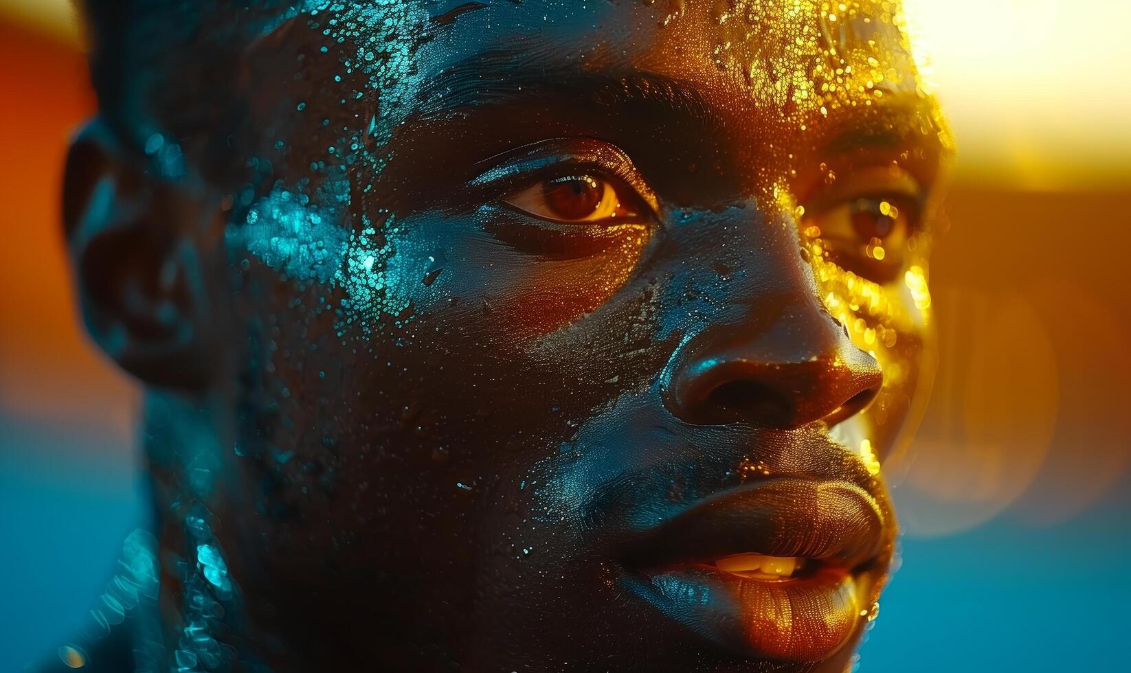 Close-up portrait of sweaty African runner at competition after 100m or 400m race in stadium on sunset photo