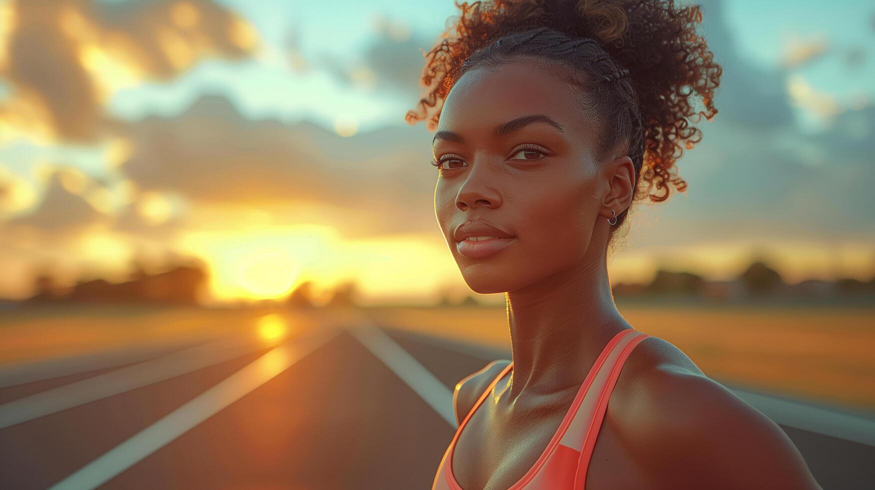 Portrait of a beautiful African female athlete runner before the start of a 100m race or training in a stadium photo