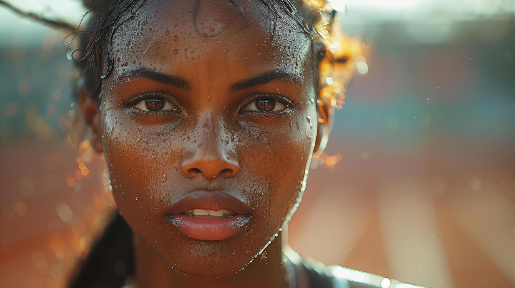 Portrait of sweaty worried African female athlete runner after running photo