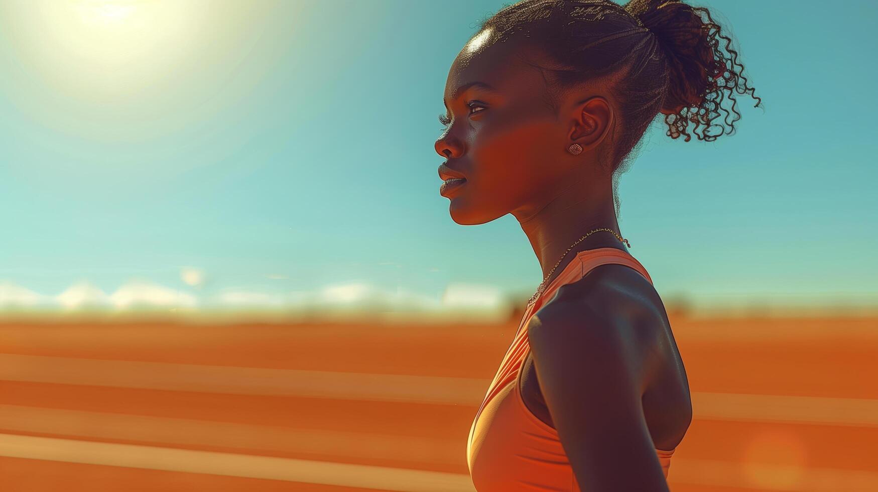 Portrait of a beautiful African female athlete runner before the start of a 100m race or training photo