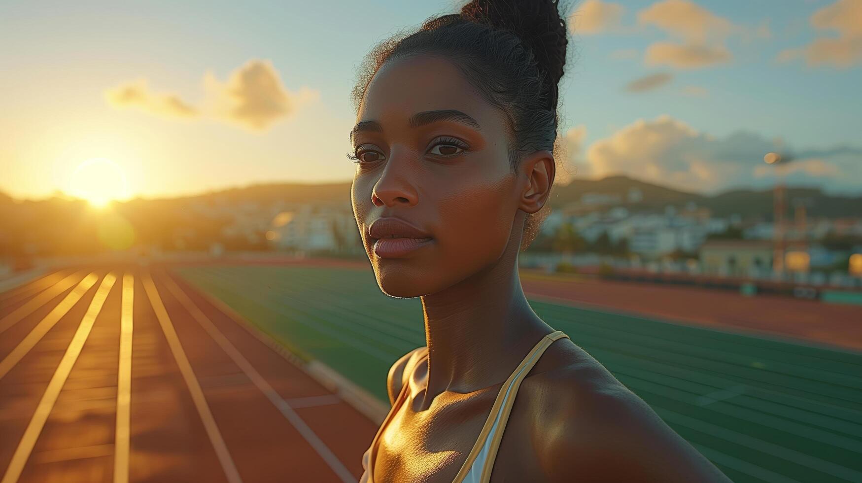 Portrait of a beautiful African female athlete runner before the start of a 100m race or training in a stadium photo