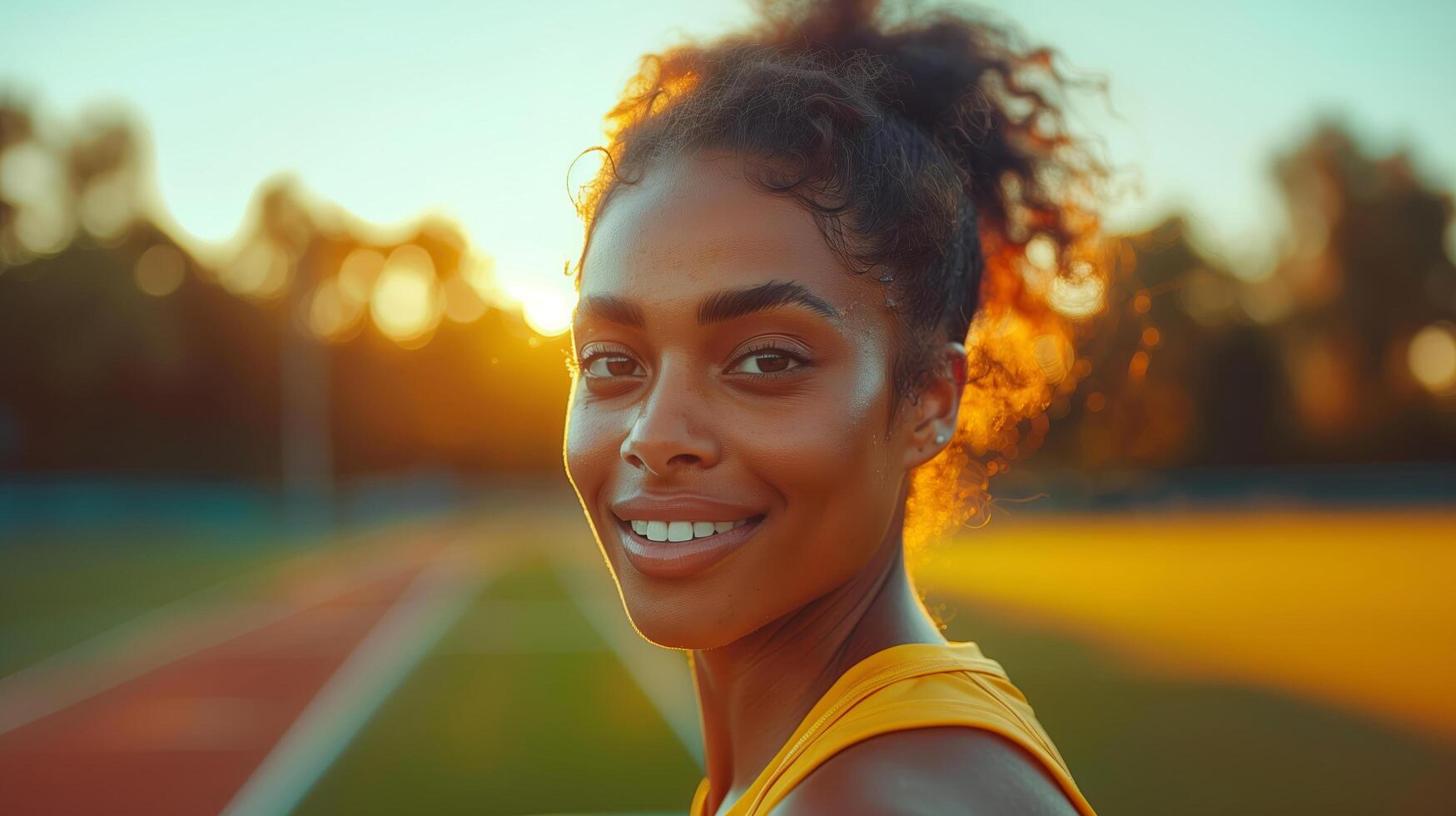 Portrait of a beautiful African sportswoman runner smiling with teeth before the start of the 100m race photo