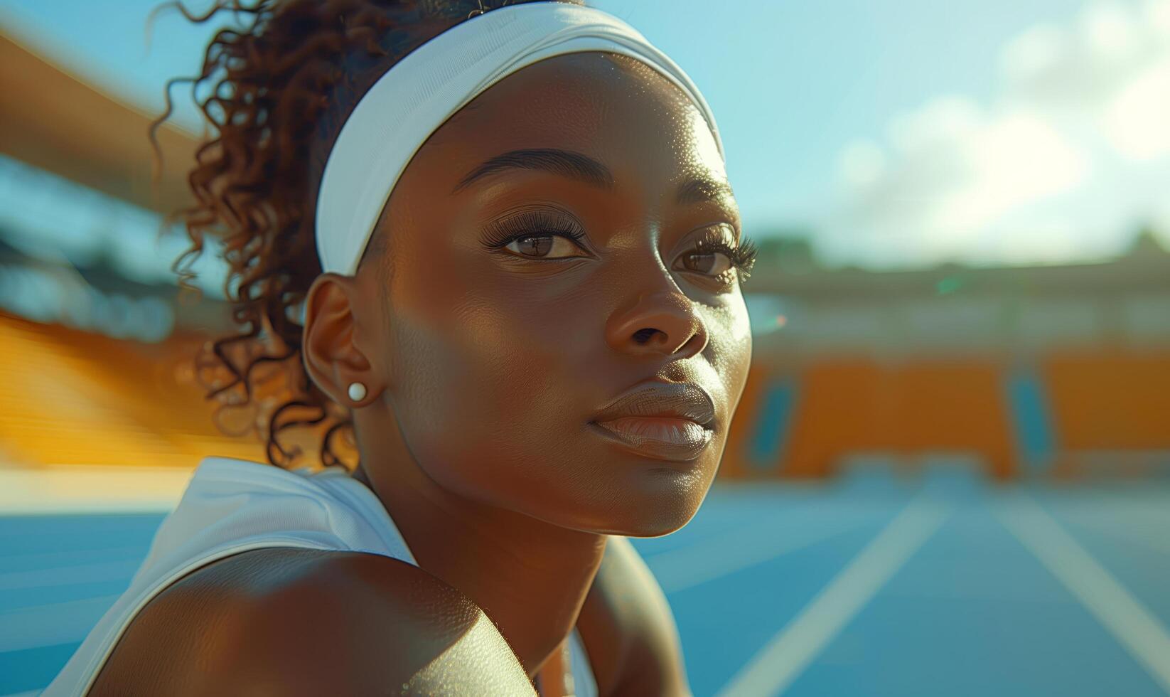 Portrait of a beautiful and stylish African sportswoman athlete at the competition stadium photo