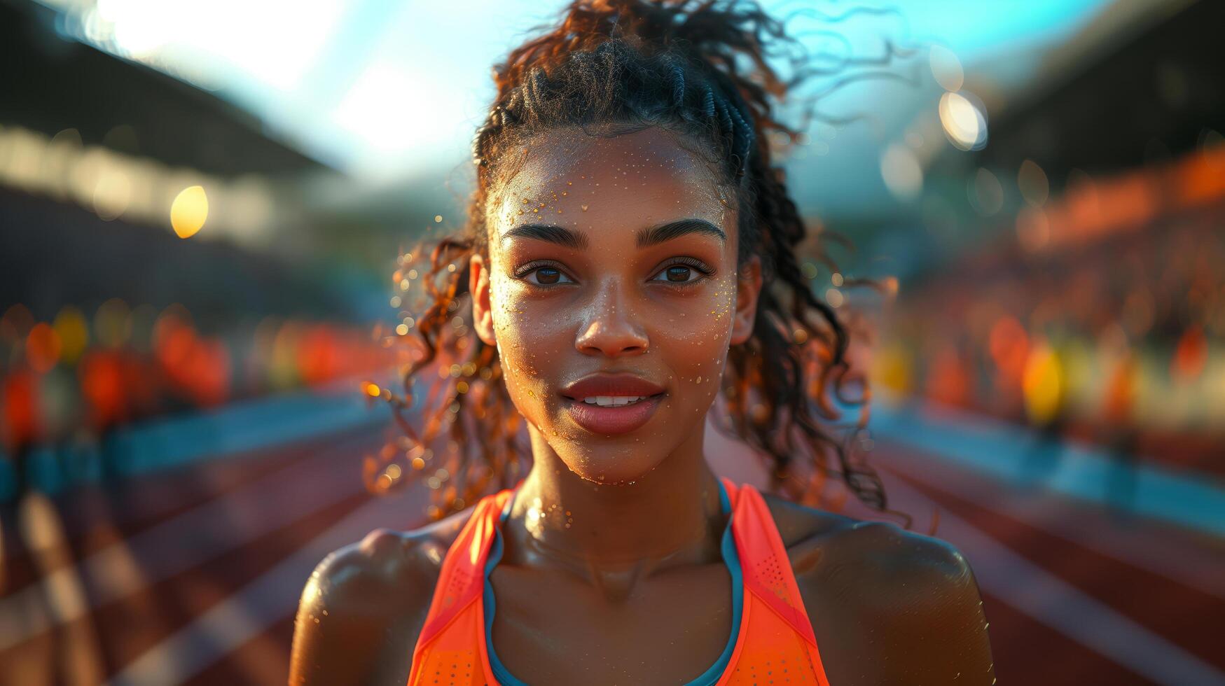 Portrait of a beautiful African female athlete running 100m at the African Games stadium photo