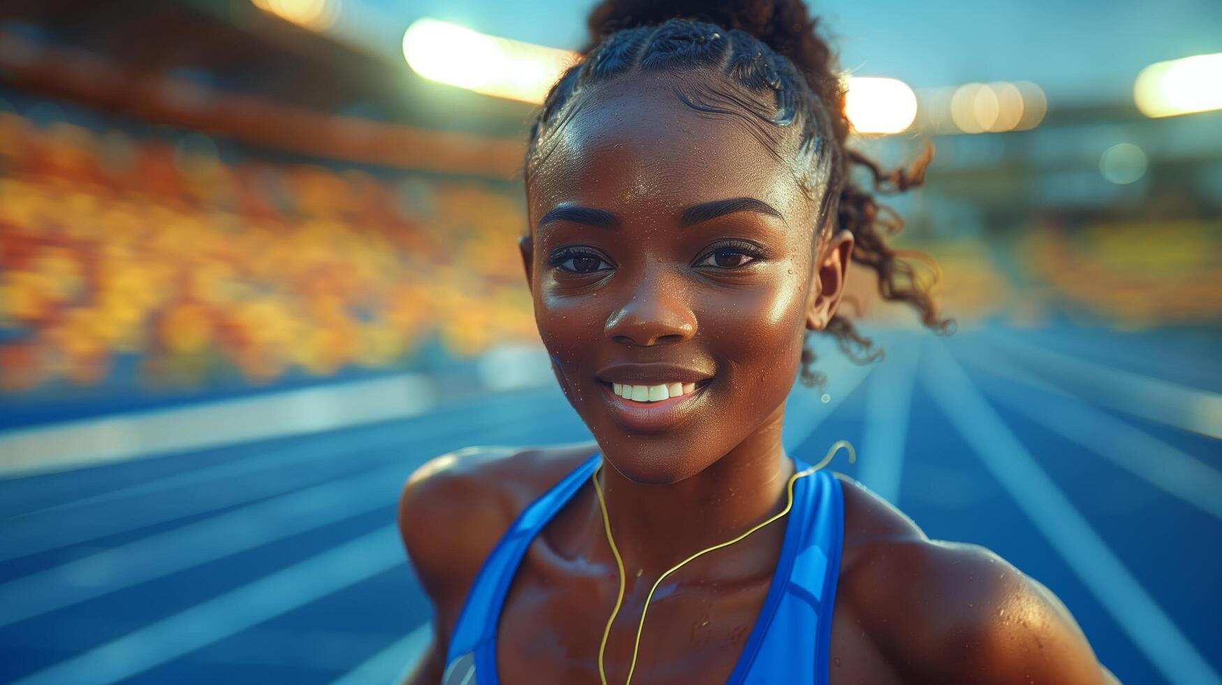 Portrait of a beautiful African female athlete running 100m at the African Games stadium photo