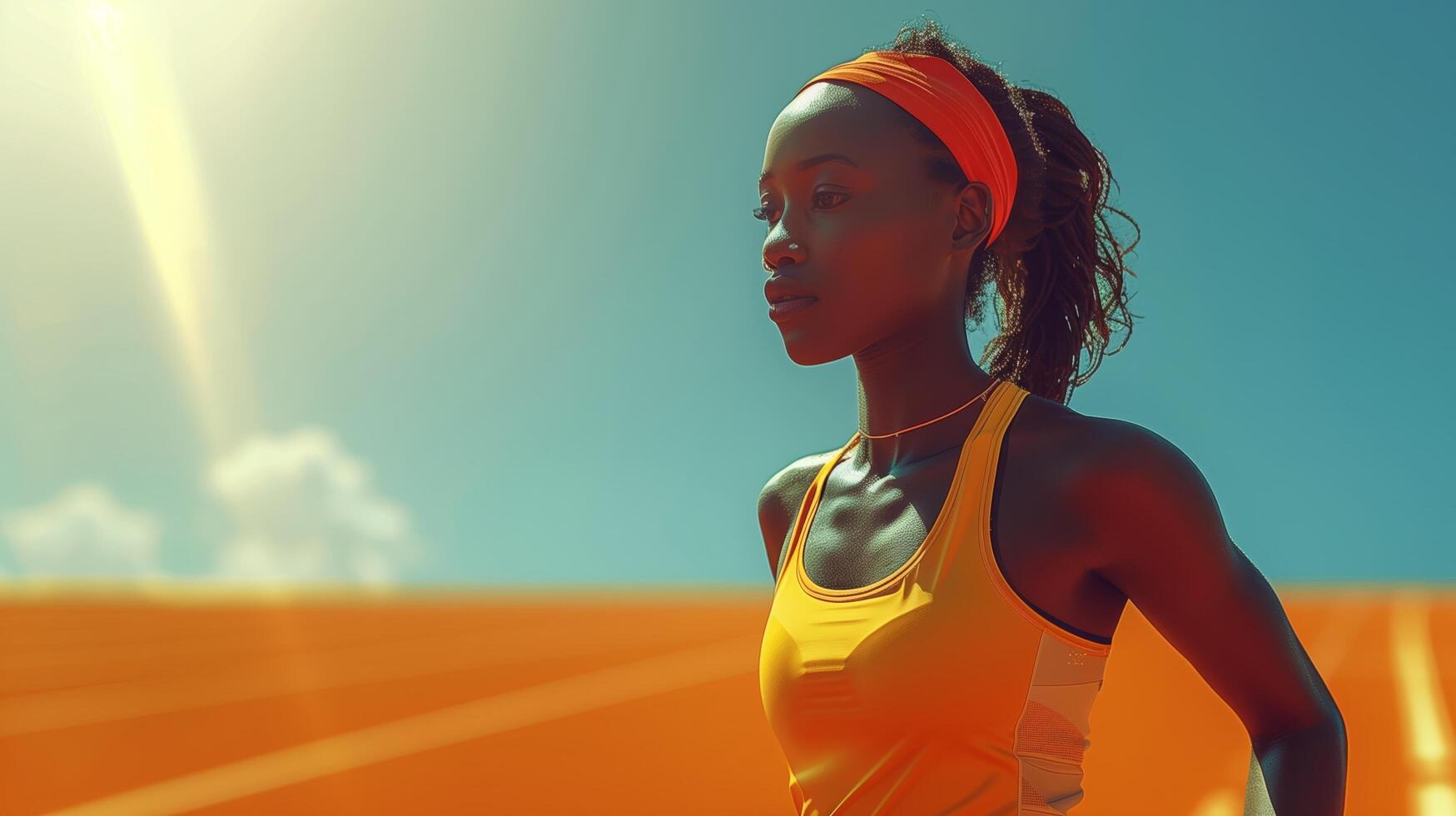 Portrait of a beautiful African female athlete runner before the start of a 100m race or training in a stadium photo