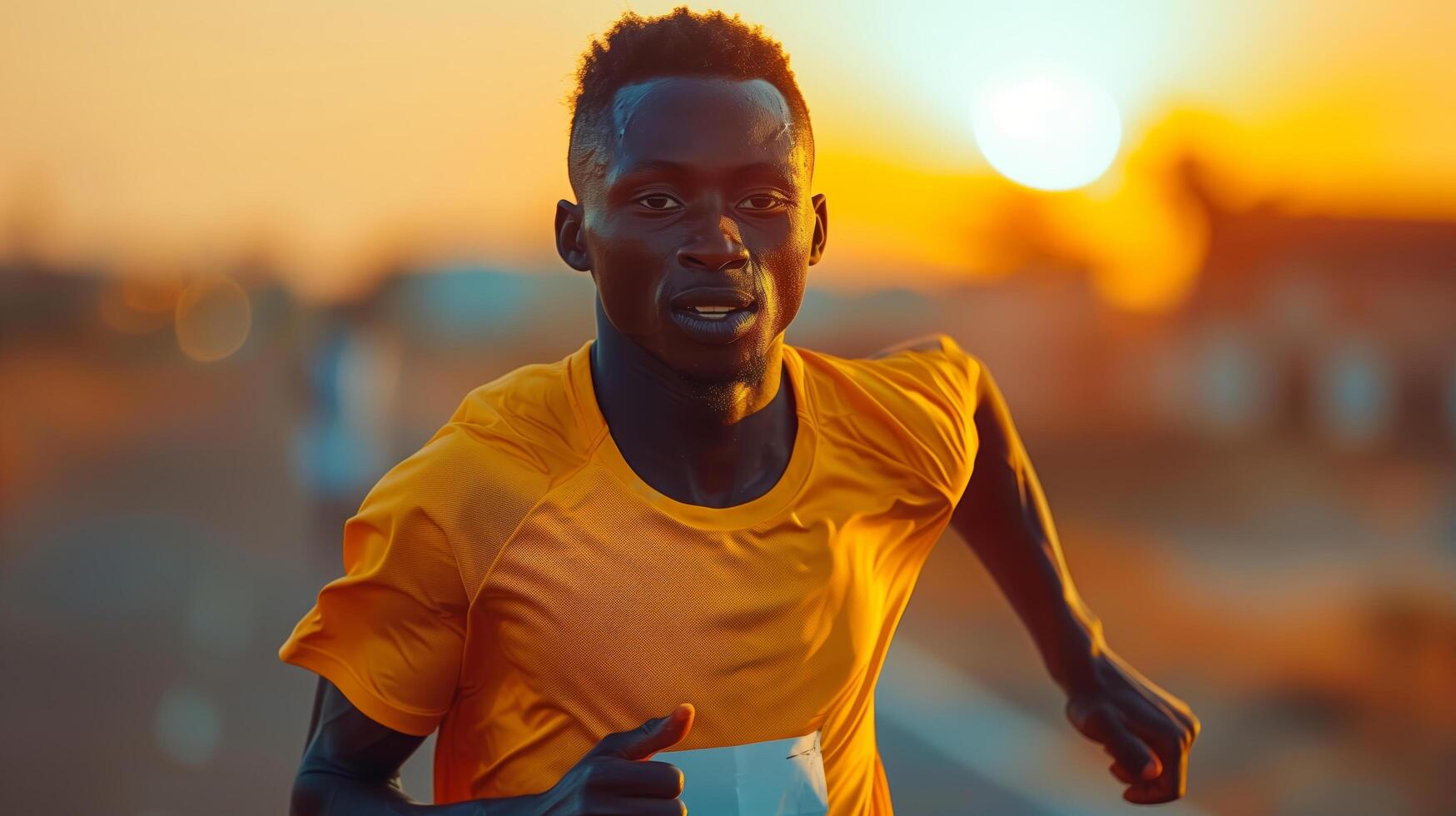 Portrait of a young African runner man in a yellow t-shirt running at the African Games competition photo