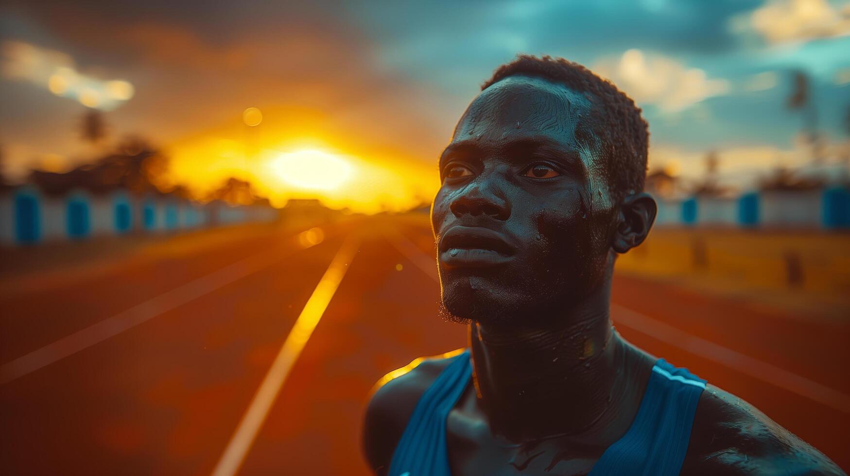 Close-up portrait of sweaty African runner at competition after 100m or 400m race in stadium on sunset photo