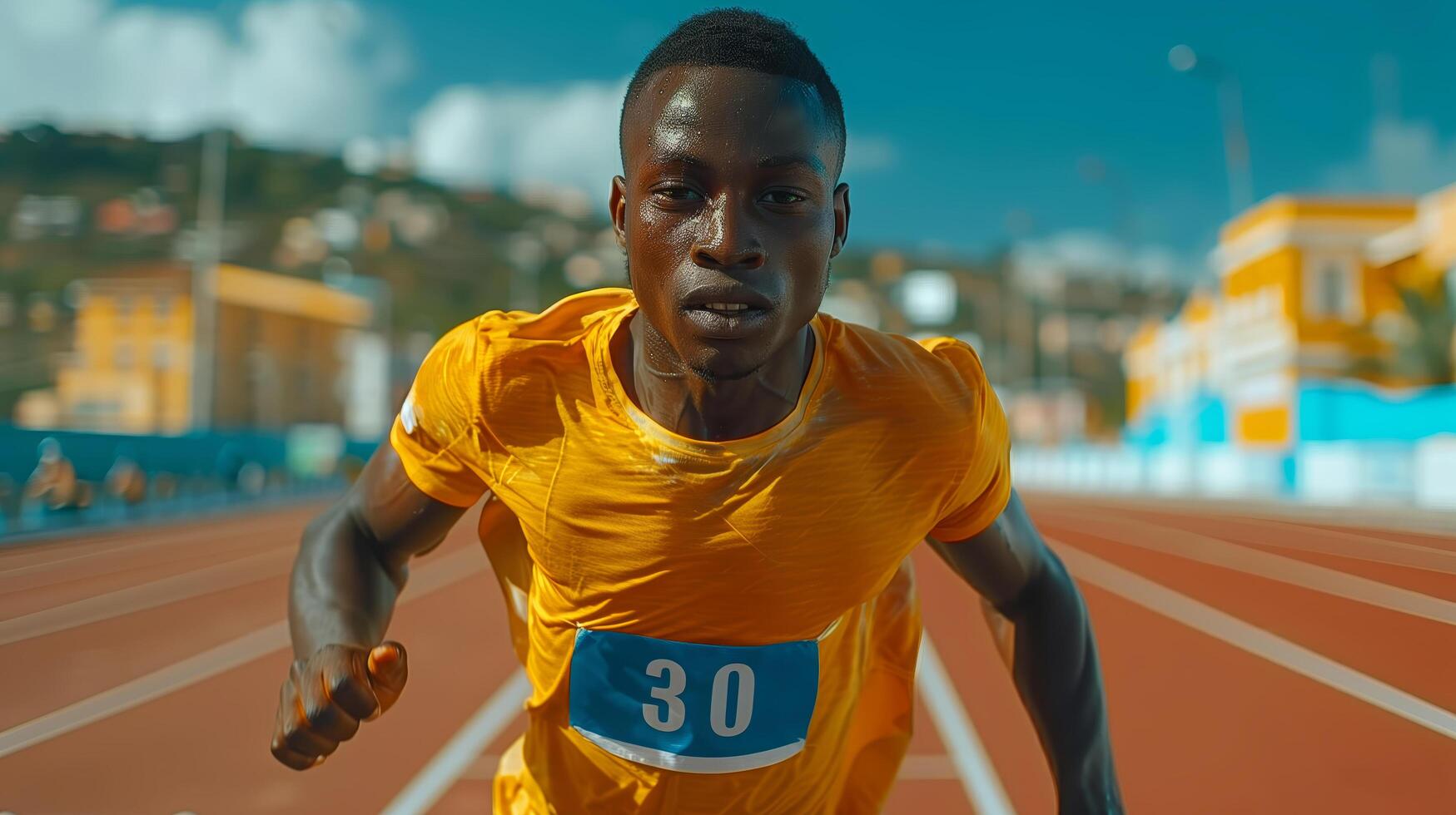 Portrait of a young African runner man in a yellow t-shirt running at the African Games competition photo