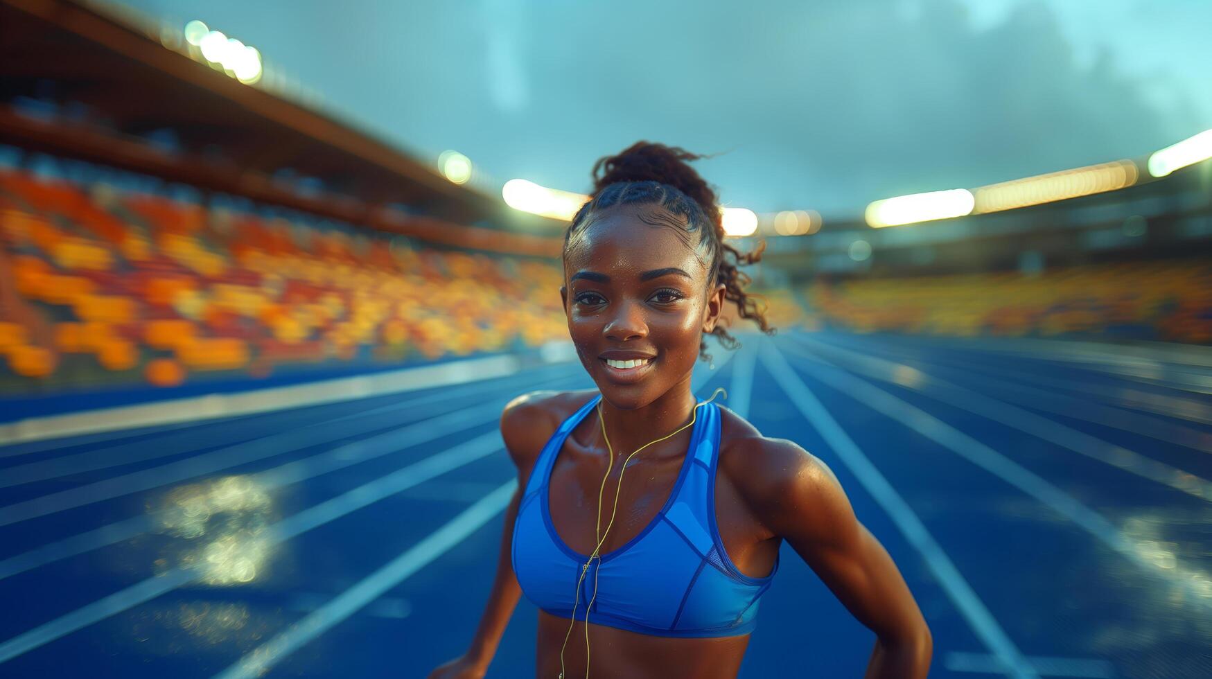 Portrait of a beautiful African female athlete running 100m at the African Games stadium photo