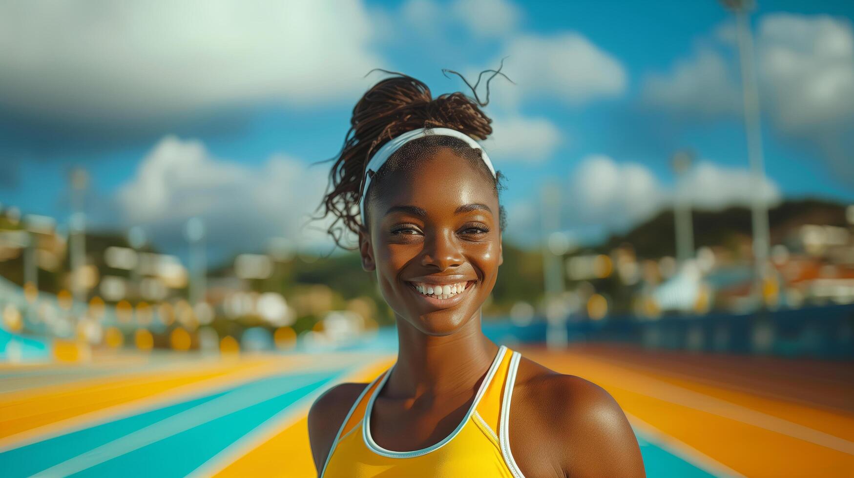 Portrait of a beautiful and stylish African sportswoman athlete smiling with teeth at the competition stadium photo