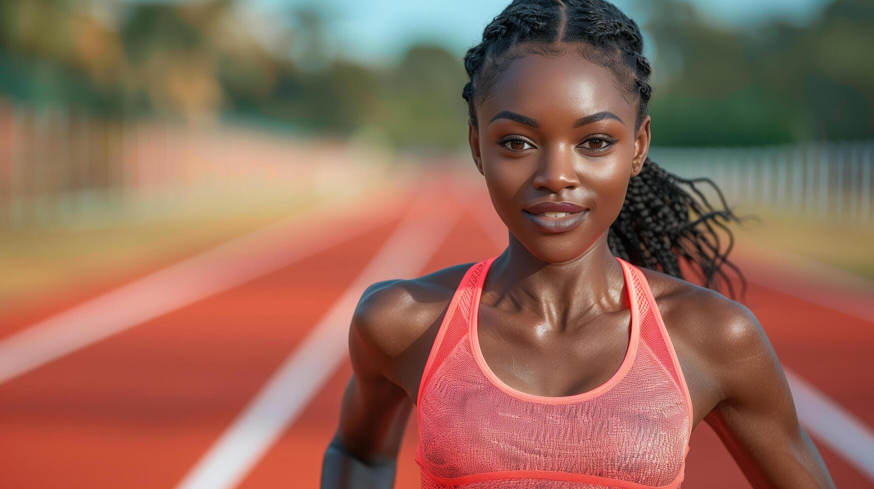 Portrait of a beautiful African female athlete running 100m at the African Games stadium photo