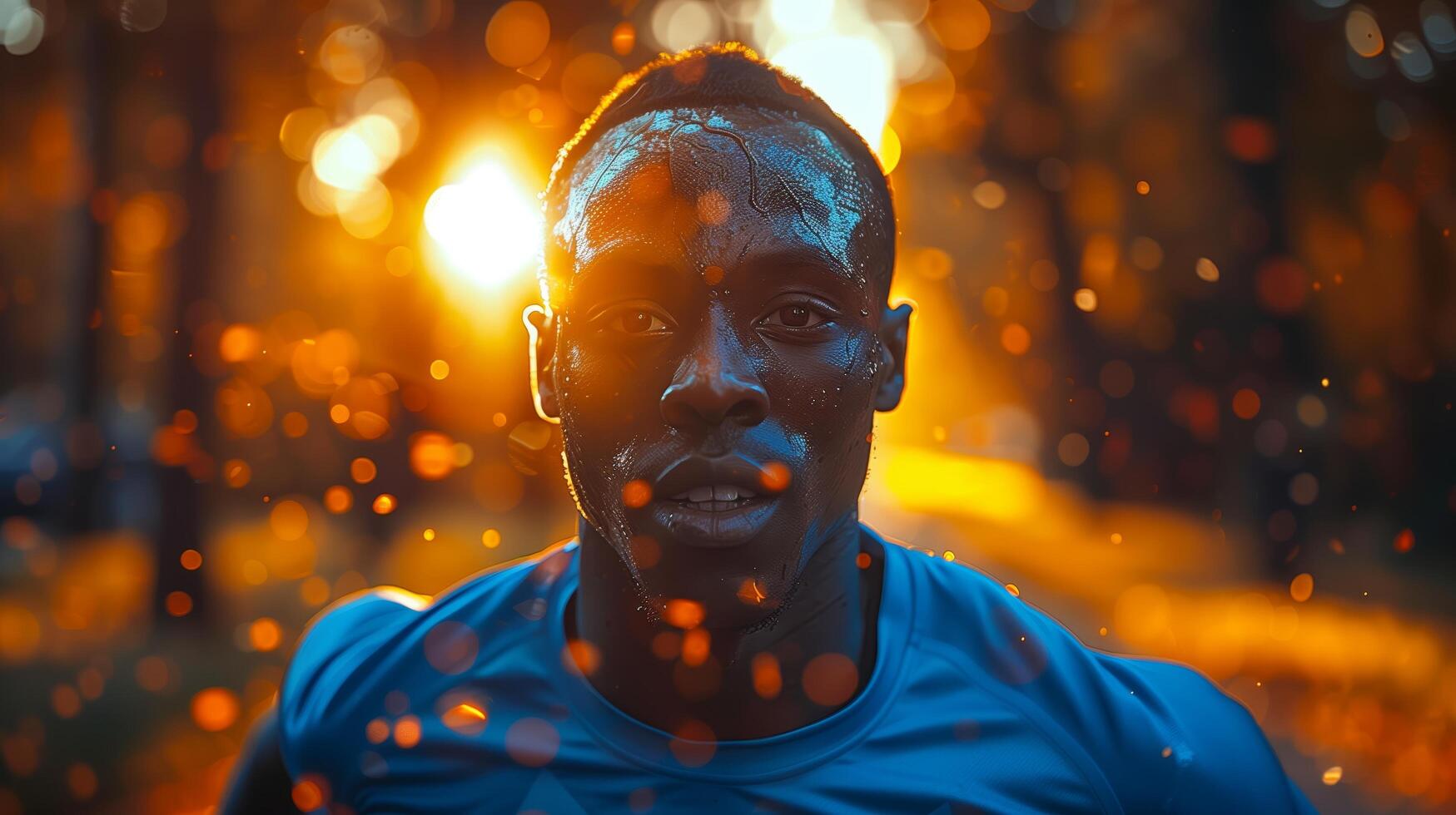 Close-up portrait of sweaty African runner at competition after 100m or 400m race in stadium on sunset photo