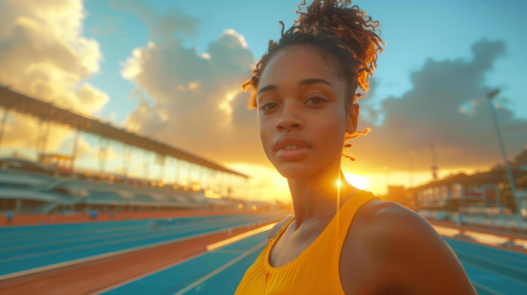 Portrait of a beautiful African female athlete runner before the start of a 100m race or training in a stadium photo
