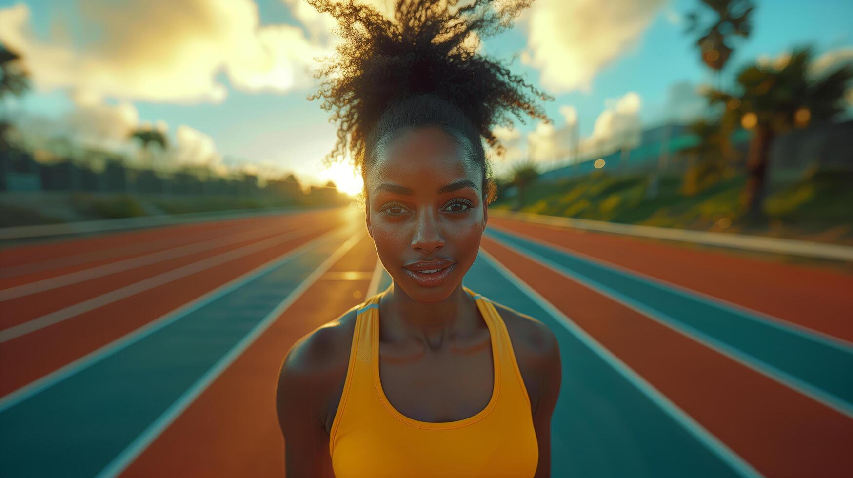 Portrait of a beautiful African female athlete runner before the start of a 100m race or training in a stadium photo