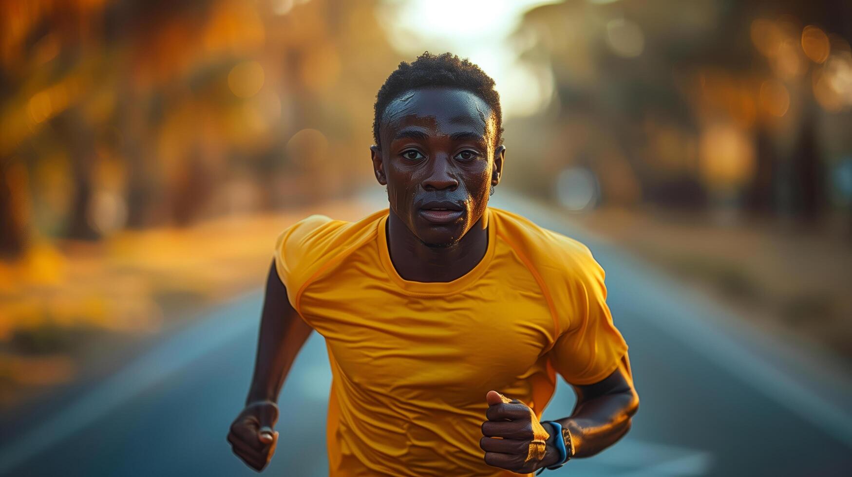 Portrait of a young African runner man in a yellow t-shirt running at the African Games competition photo