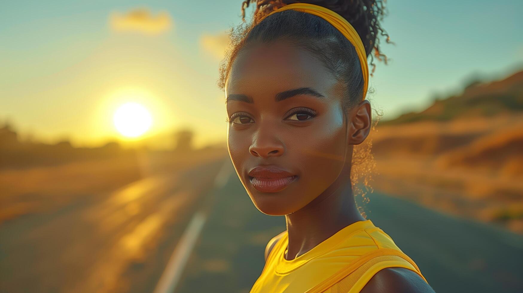 Portrait of a beautiful African female athlete runner before the start of a 100m race or training in a stadium photo