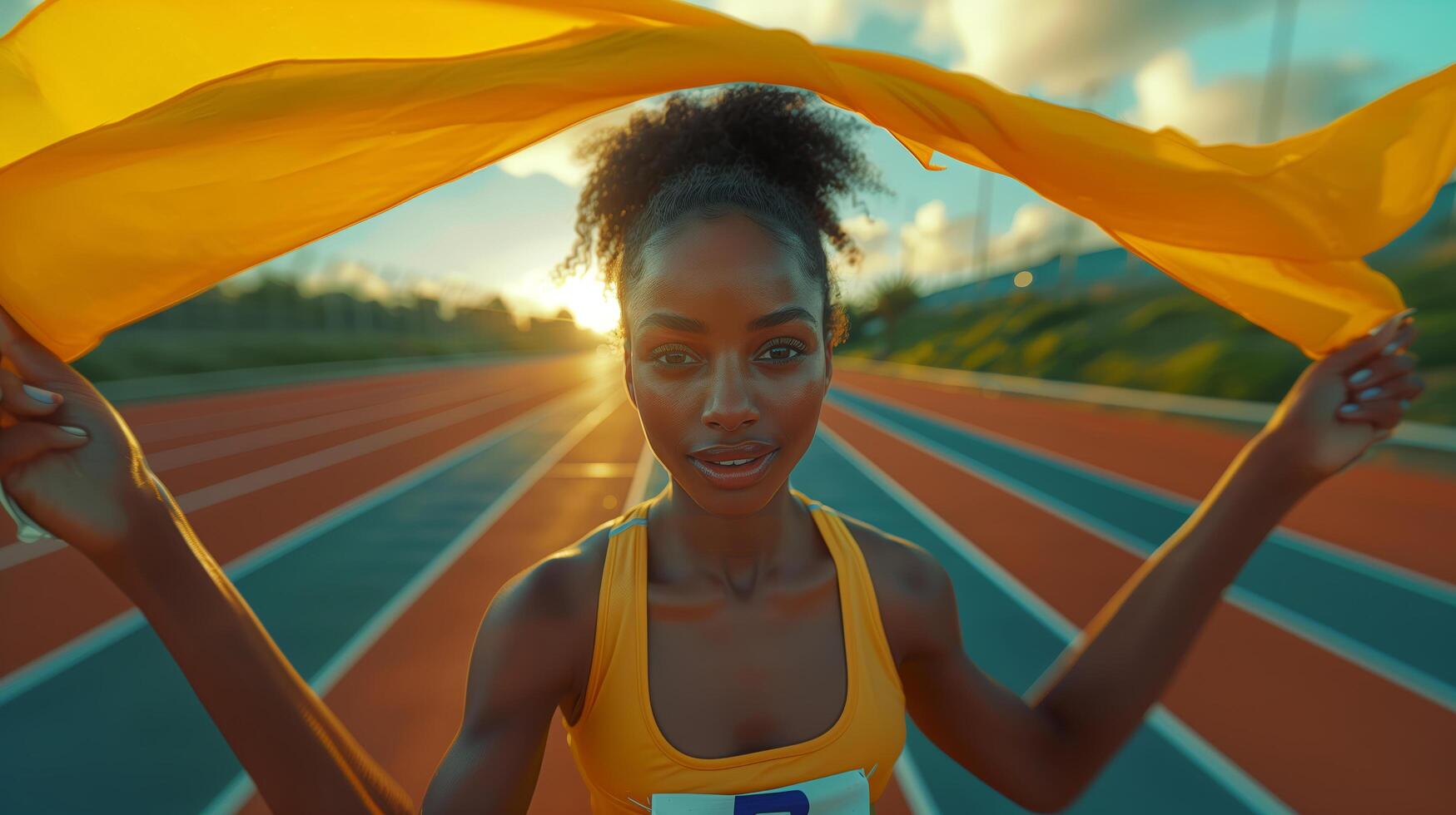 Portrait of African female athlete runner before the start of the 100m race holding a flag in a stadium photo