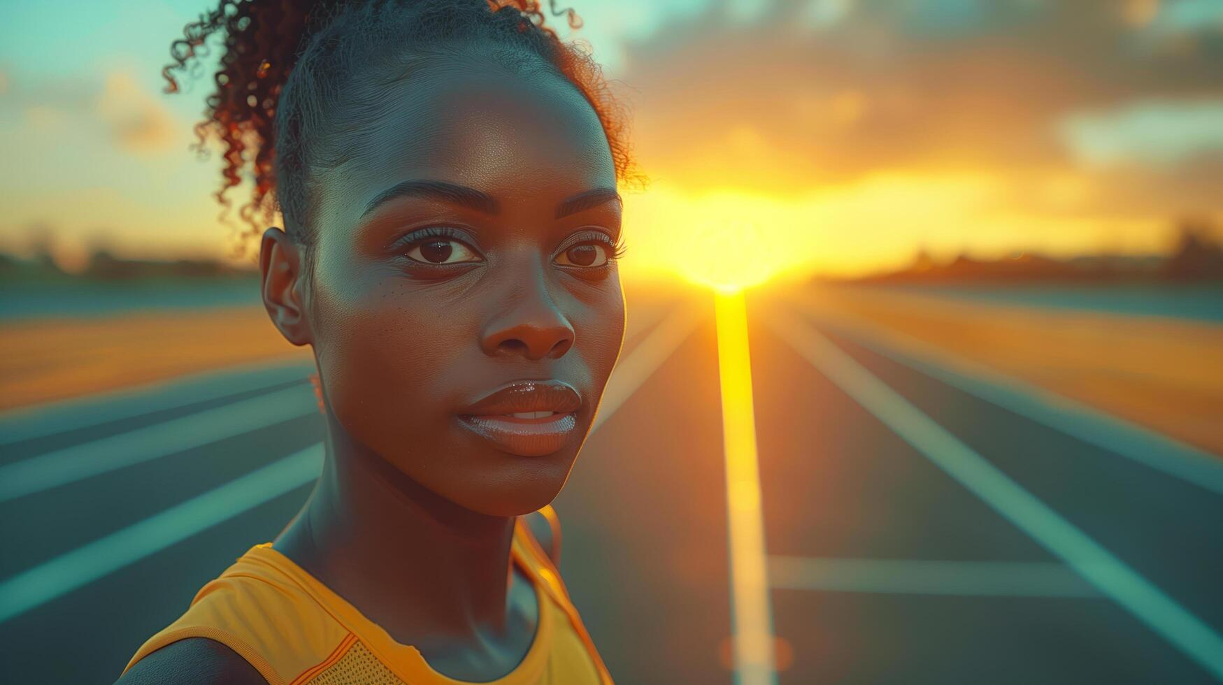 Portrait of a beautiful African female athlete runner before the start of a 100m race or training in a stadium photo