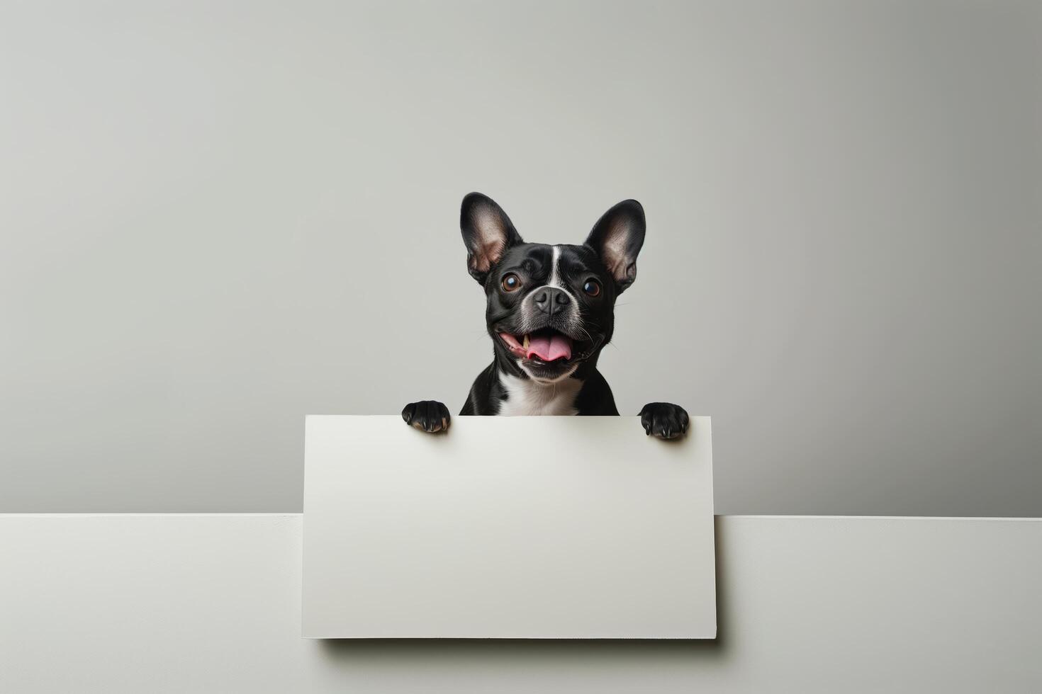 Cute French Bulldog Holding Blank Signboard with Happy Expression photo