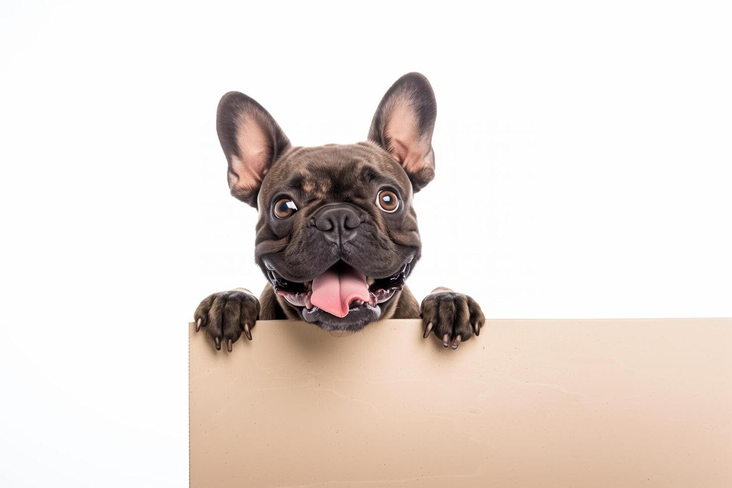 Happy French Bulldog Holding a Blank Signboard Against White Background photo