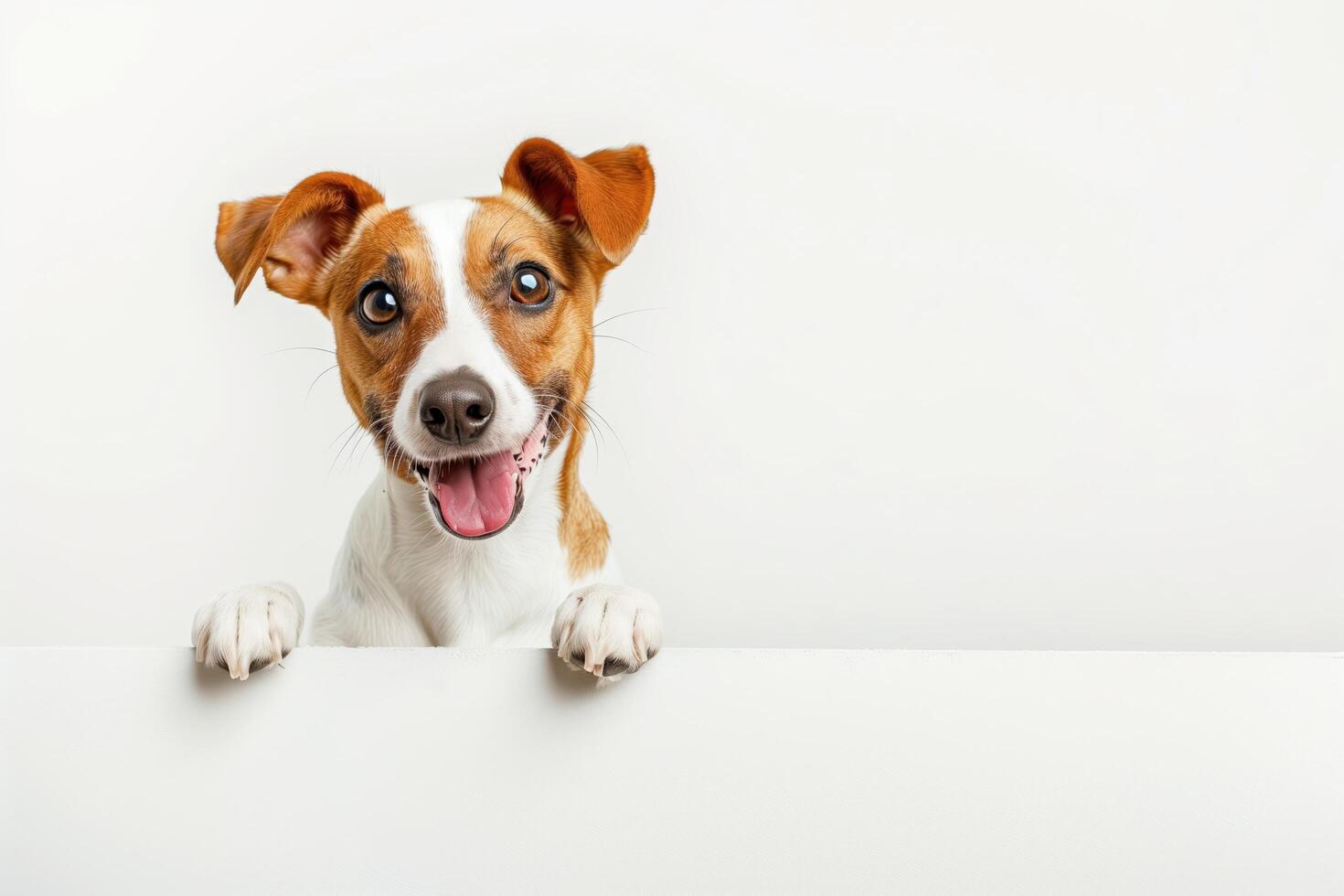 contento perro sentado y participación un blanco letrero en contra un blanco antecedentes foto