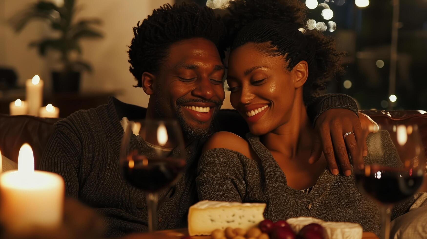 Romantic African American Couple Enjoying Wine and Cheese at Candlelit Dinner photo