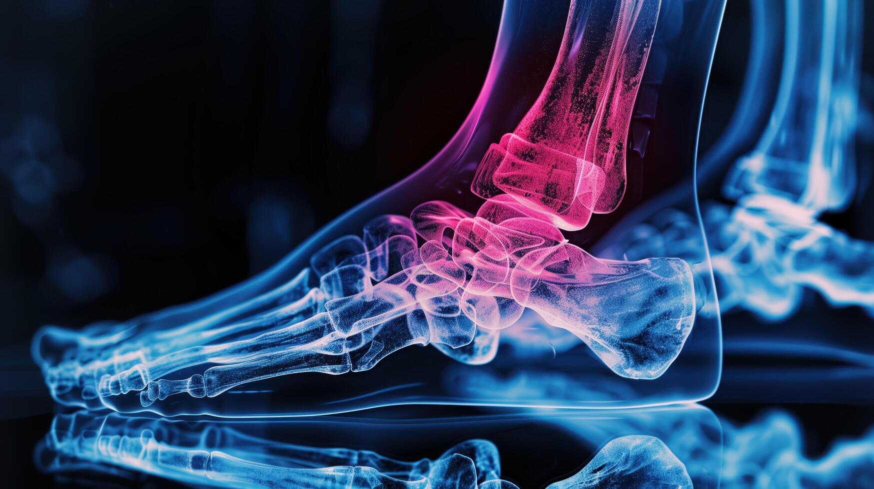 3D X-Ray Image Showing Pain in the Ankle Joint Highlighted in Red photo