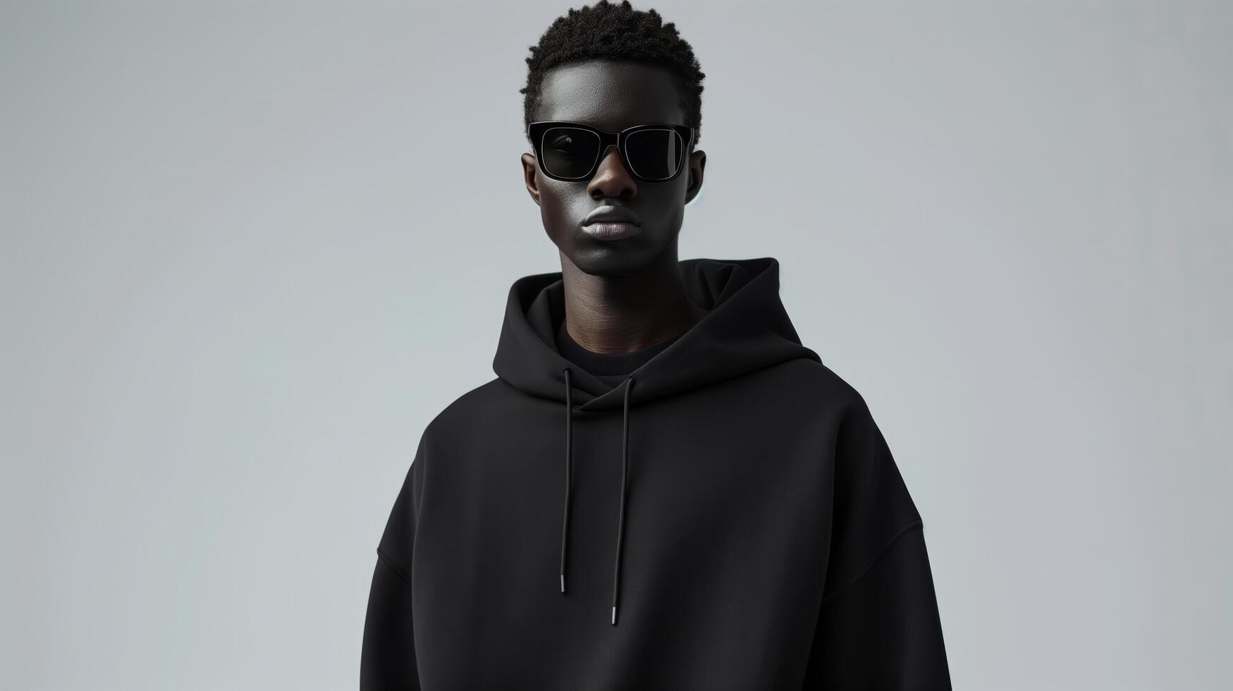 Confident Man in Black Hoodie Wearing Sunglasses in Minimalist White Room photo