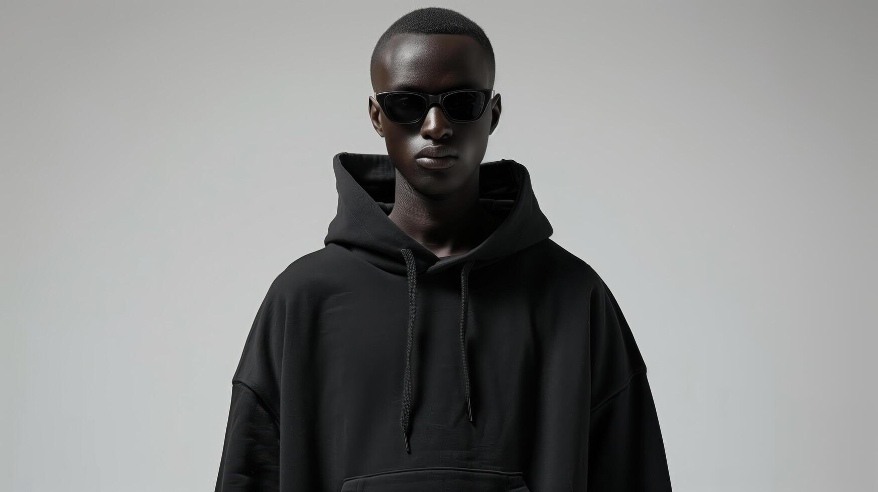 Stylish Man in Black Hoodie and Sunglasses Standing in White Room photo