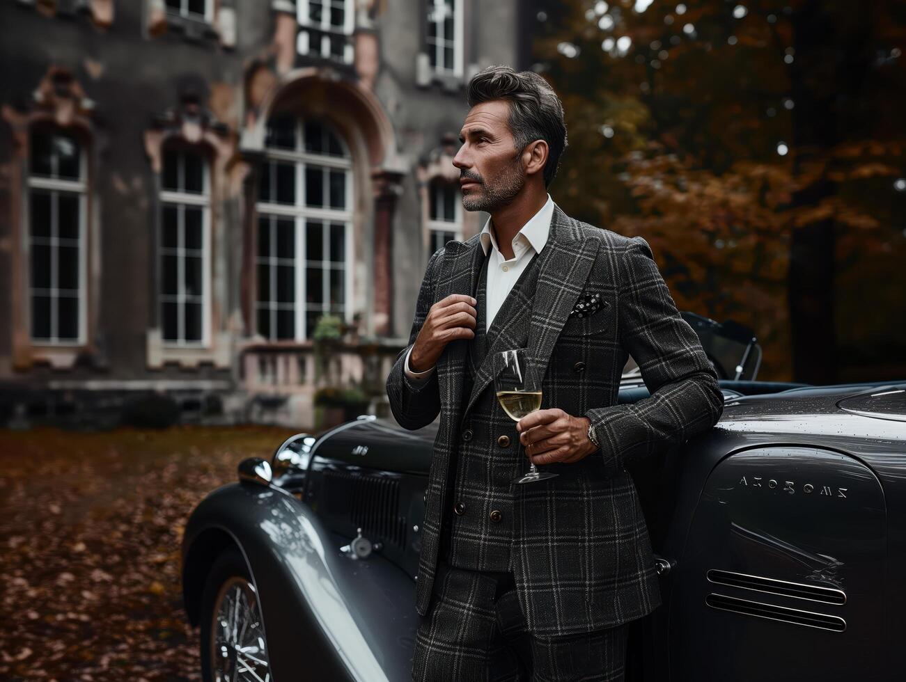 Handsome Man in His Fifties in Elegant Suit with Vintage Car and Glass of Wine photo