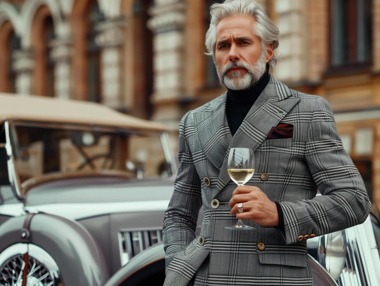 Handsome Man in His Fifties in a Stylish Suit Holding a Glass Of Wine Next to a Vintage Car photo