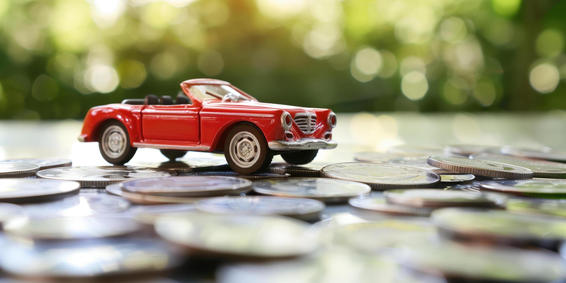 Red Toy Convertible Car on a Stack of Coins Representing Savings and Financial Planning photo