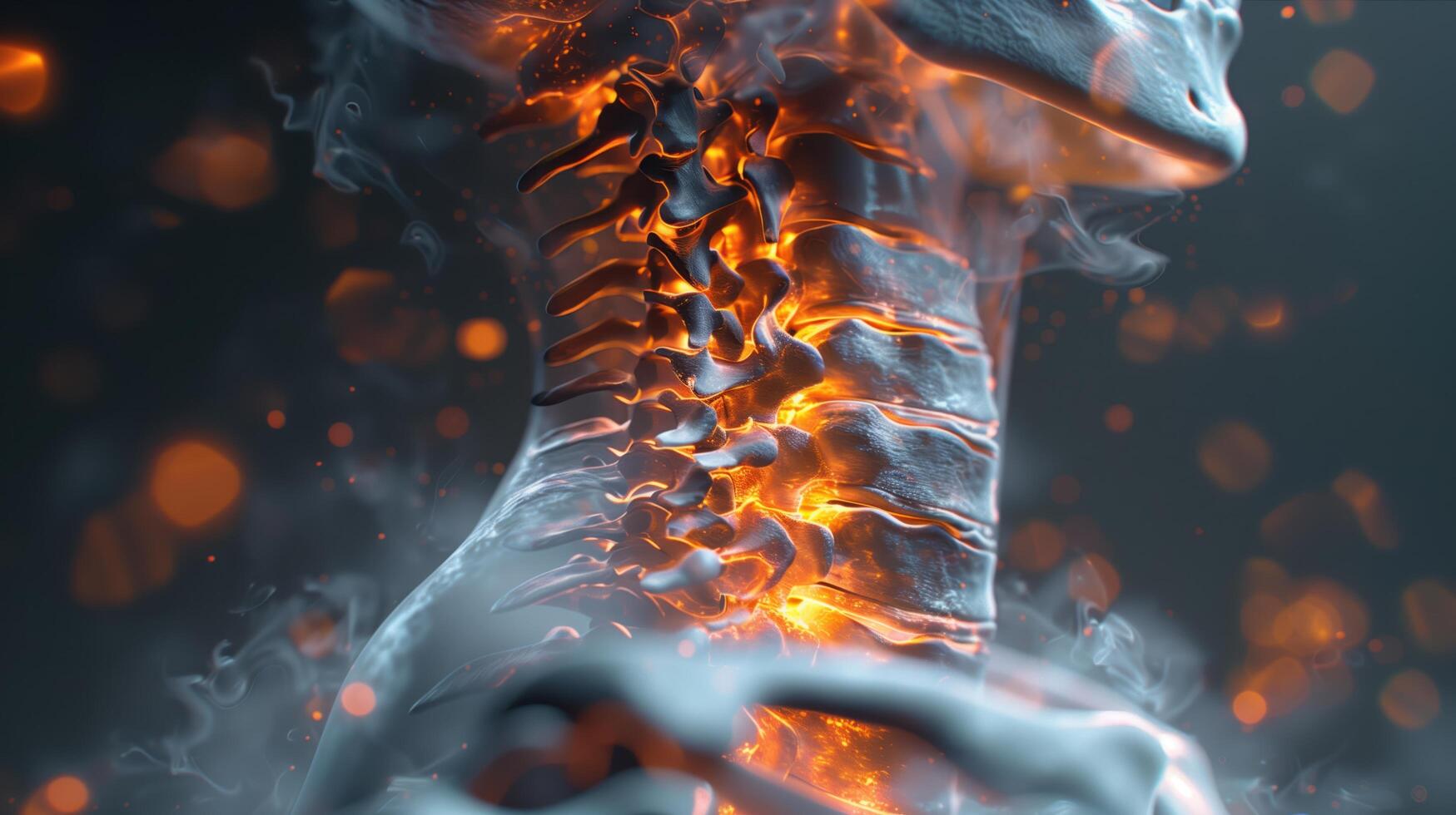3D Rendered X-Ray Showing Pain in the Cervical Spine with Glowing Inflammation photo