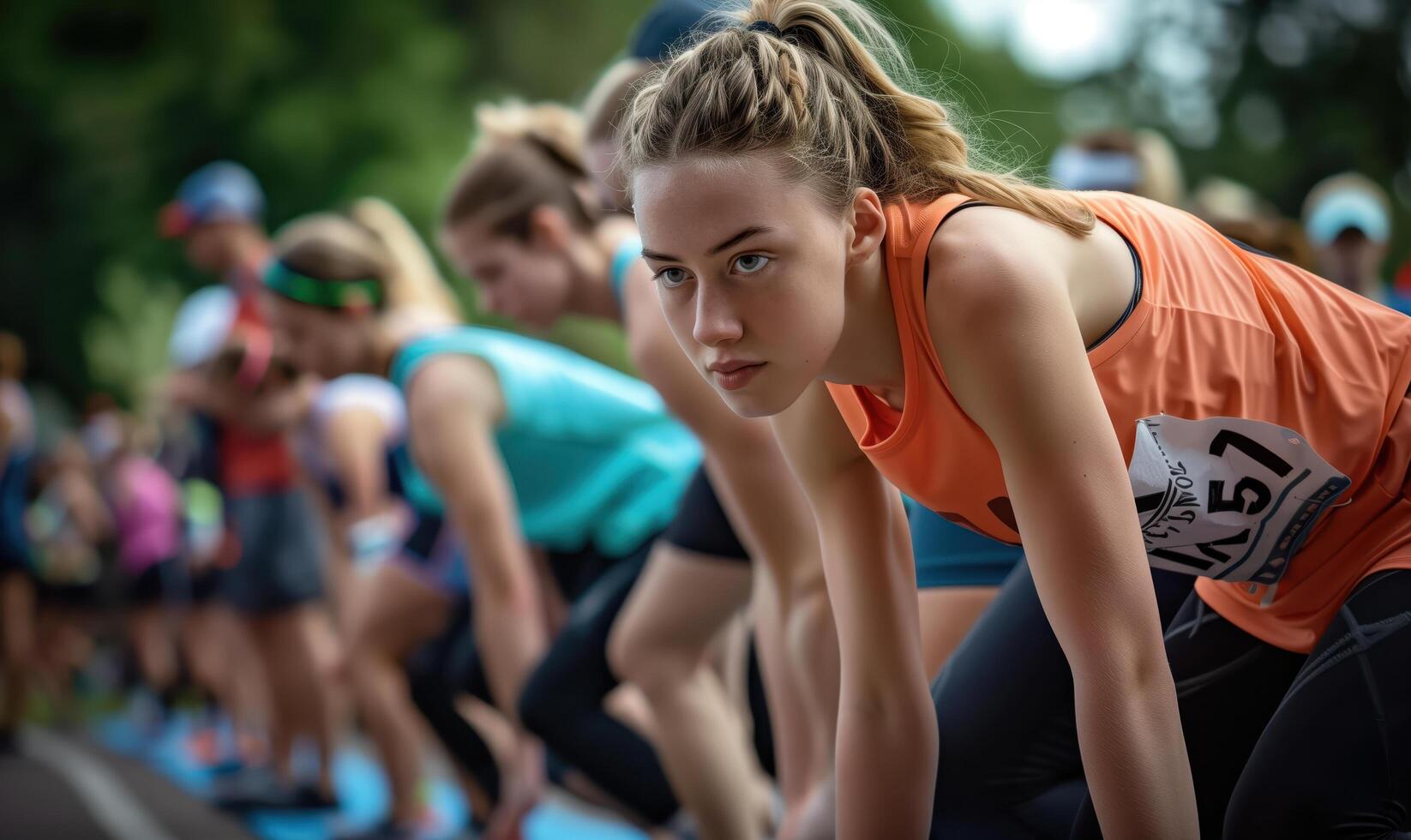 Young Female Athlete Ready at the Starting Line of a Race Competition photo