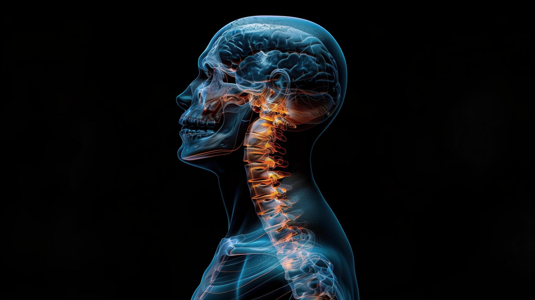 3D X-Ray Image Showing Pain in Cervical Spine with Highlighted Spinal Cord photo