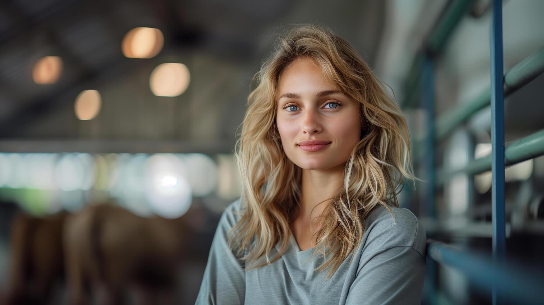 Beautiful Woman in Work Uniform Posing Confidently in a Farm Setting photo